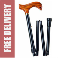 Deluxe Adjustable Black Shaft / Wood Handle 4 Section Folding Walking Stick